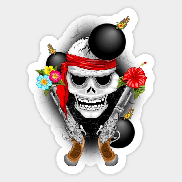 Pirate Skull, Ancient Guns, Flowers and Cannonballs Sticker by BluedarkArt